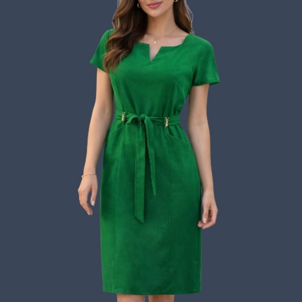 Ellen Tracy Green Safari Utility Bow Tie Waist Tailored Longline Dress